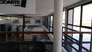 Interior del aeropuerto: barandas, ventanales y señalética