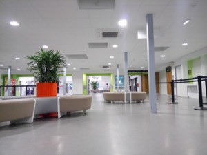 Interior del aeropuerto con asientos, plantas y señalización