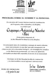 Certificación de la Reserva Oxapampa–Asháninka–Yánesha, Perú