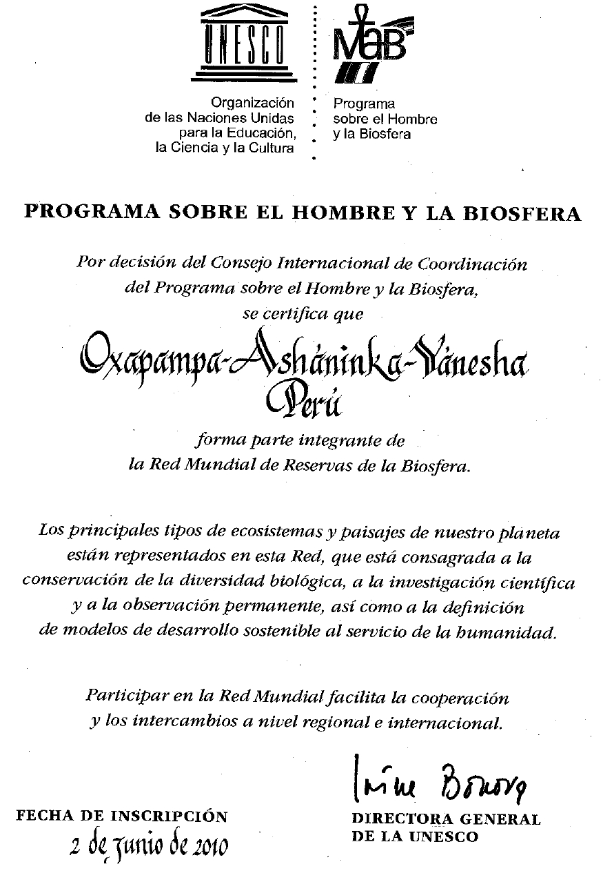 Certificación de la Reserva Oxapampa–Asháninka–Yánesha, Perú