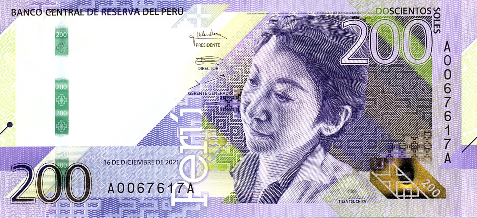 Billete de doscientos soles: anverso con Tilsa Tsuchiya