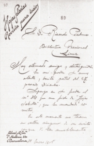 Carta de Pablo Salvat, Lima; para Ricardo Palma – 1905