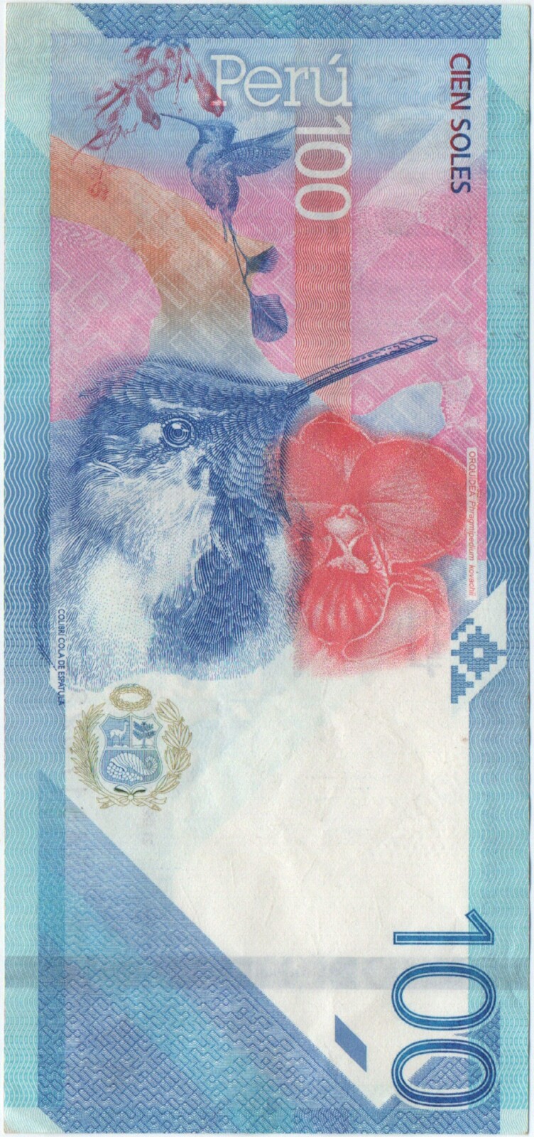 Detalles del billete de cien soles peruanos