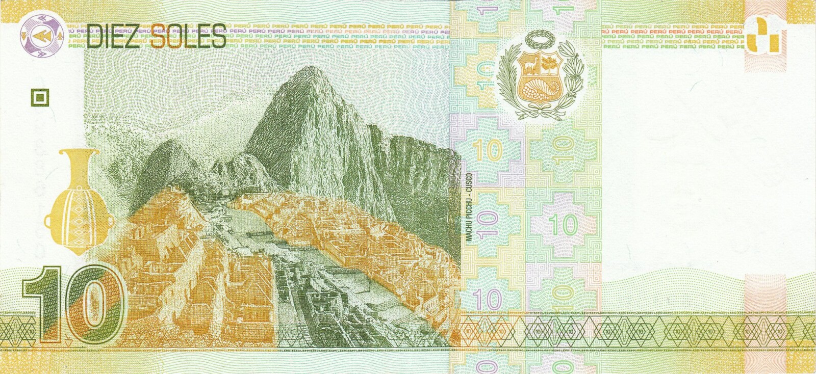 Detalles del billete de diez soles peruanos