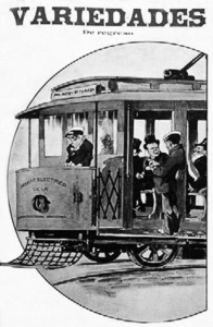 Tranvía antiguo con pasajeros elegantes