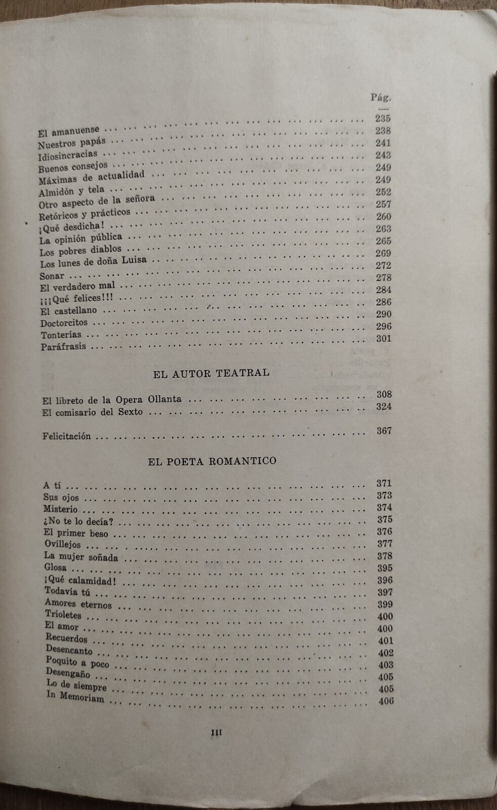 Índice de un libro antiguo: El poeta romántico