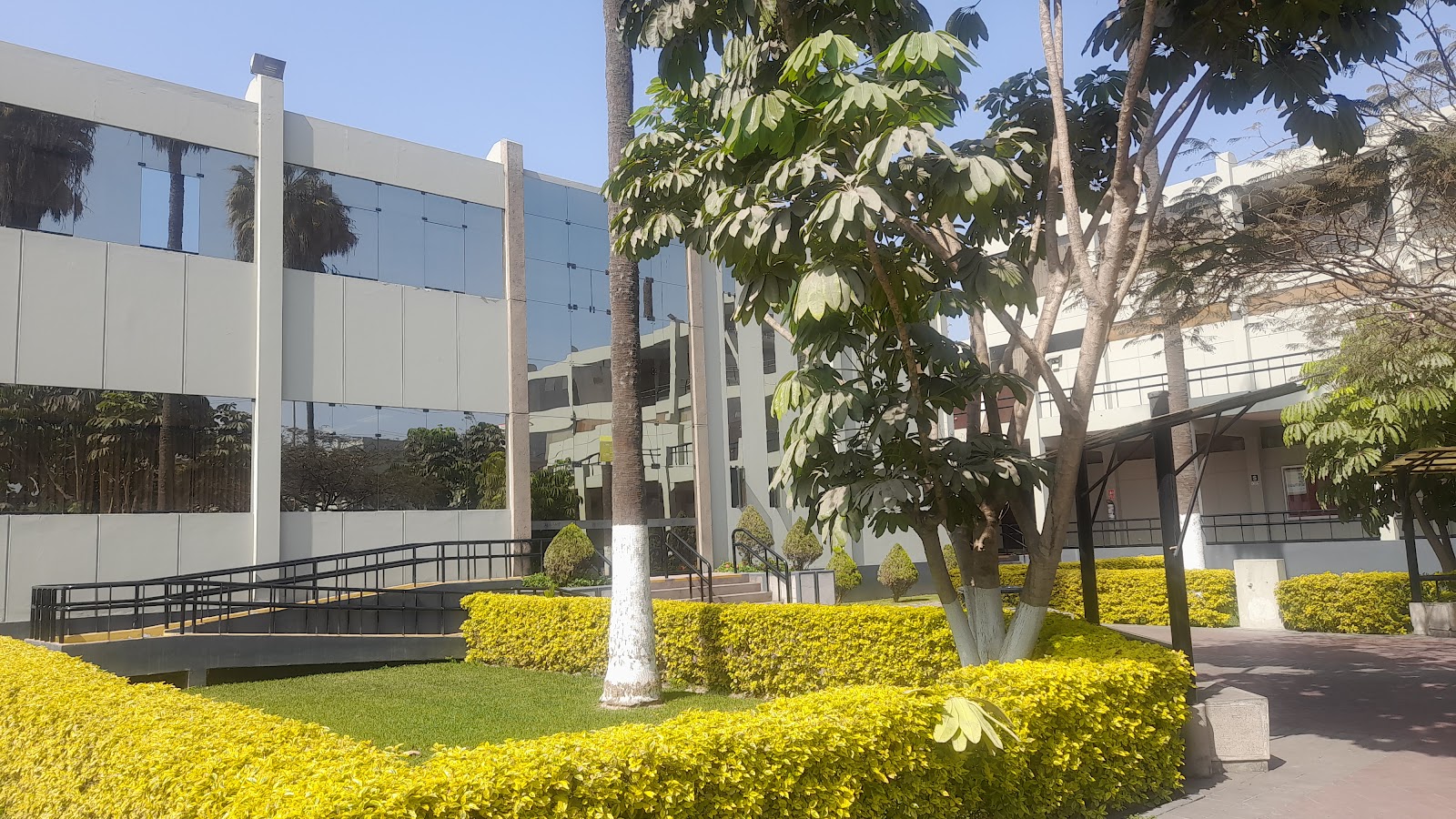 Fachada moderna y jardines en la USMP