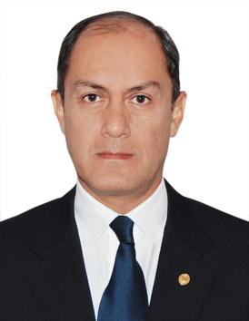 Retrato formal de un académico con corbata azul